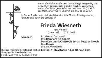 Anzeige von Frieda Wiesneth von MGO