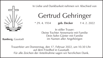 Anzeige von Gertrud Gehringer von MGO