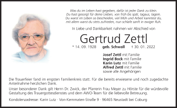 Anzeige von Gertrud Zettl von MGO