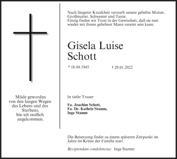 Anzeige von Gisela Luise Schott von MGO