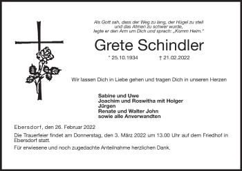 Anzeige von Grete Schindler von MGO