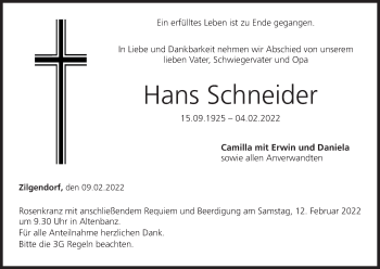 Anzeige von Hans Schneider von MGO