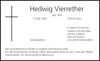 Anzeige von Hedwig Vierrether von MGO