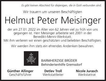 Anzeige von Helmut Peter Meisinger von MGO