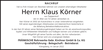 Anzeige von Klaus Körner von MGO