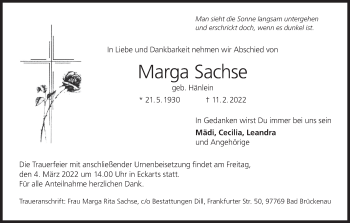 Anzeige von Marga Sachse von MGO