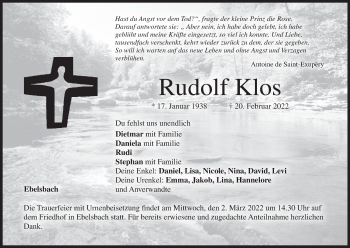 Anzeige von Rudolf Klos von MGO