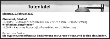 Anzeige von Totentafel vom 01.02.2022 von MGO