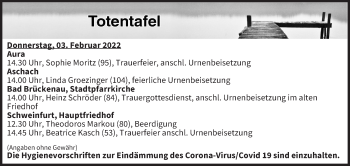 Anzeige von Totentafel vom 03.02.2022 von MGO