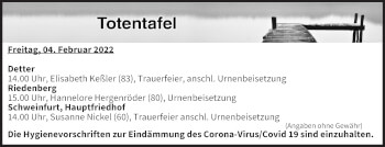 Anzeige von Totentafel vom 04.02.2022 von MGO