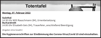 Anzeige von Totentafel vom 07.02.2022 von MGO
