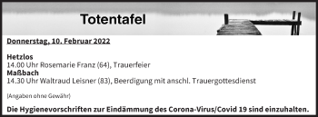 Anzeige von Totentafel vom 10.02.2022 von MGO