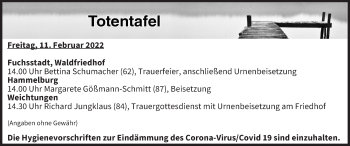 Anzeige von Totentafel vom 11.02.2022 von MGO