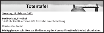 Anzeige von Totentafel vom 12.02.2022 von MGO
