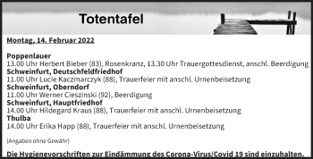 Anzeige von Totentafel vom 14.02.2022 von MGO
