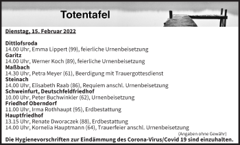 Anzeige von Totentafel vom 15.02.2022 von MGO