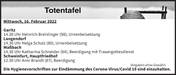Anzeige von Totentafel vom 16.02.2022 von MGO