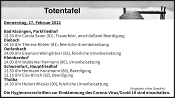 Anzeige von Totentafel vom 17.02.2022 von MGO