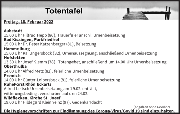 Anzeige von Totentafel vom 18.02.2022 von MGO