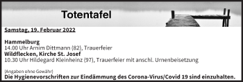 Anzeige von Totentafel vom 19.02.2022 von MGO