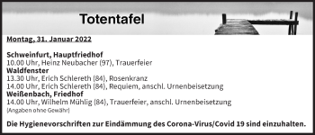 Anzeige von Totentafel vom 31.01.2022 von MGO