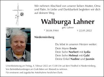Anzeige von Walburga Lahner von MGO