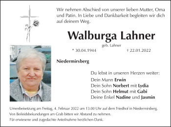Anzeige von Walburga Lahner von MGO
