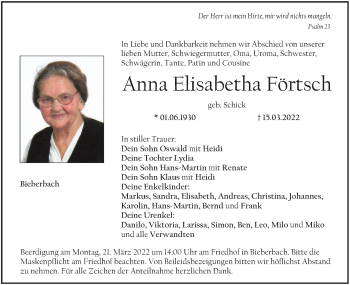 Anzeige von Anna Elisabetha Förtsch von MGO