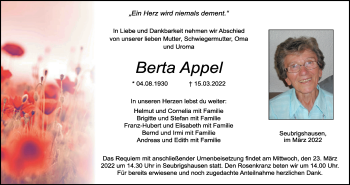Anzeige von Berta Appel von MGO
