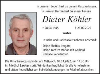 Anzeige von Dieter Köhler von MGO