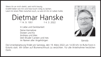 Anzeige von Dietmar Hanske von MGO