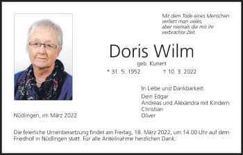 Anzeige von Doris Wilm von MGO