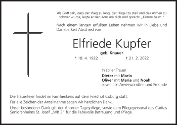 Anzeige von Elfriede Kupfer von MGO