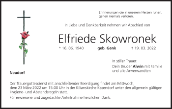 Anzeige von Elfriede Skowronek von MGO