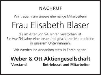 Anzeige von Elisabeth Blaser von MGO