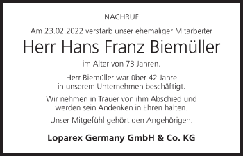 Anzeige von Hans Franz Biemüller von MGO