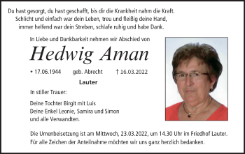 Anzeige von Hedwig Aman von MGO