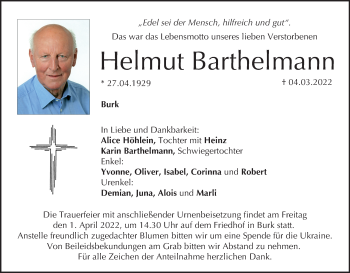 Anzeige von Helmut Barthelmann von MGO