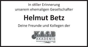 Anzeige von Helmut Betz von MGO