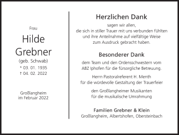 Anzeige von Hilde Grebner von MGO