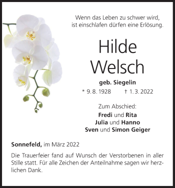 Anzeige von Hilde Welsch von MGO