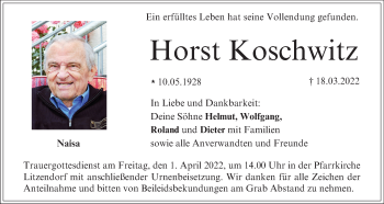 Anzeige von Horst Koschwitz von MGO