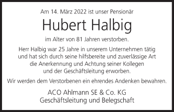 Anzeige von Hubert Halbig von MGO