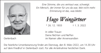 Anzeige von Hugo Weingärtner von MGO