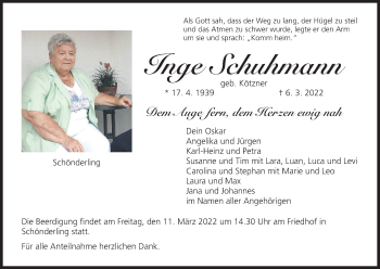 Anzeige von Inge Schuhmann von MGO