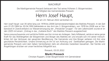 Anzeige von Josef Haupt von MGO