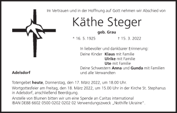 Anzeige von Käthe Steger von MGO
