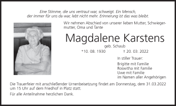 Anzeige von Magdalene Karstens von MGO