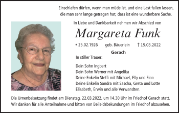 Anzeige von Margareta Funk von MGO
