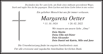 Anzeige von Margareta Oetter von MGO
